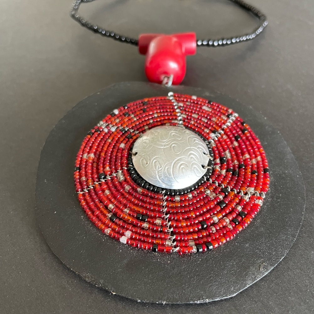 African Beaded Collar Necklace - Handmade with Red Glass Bead and Resin